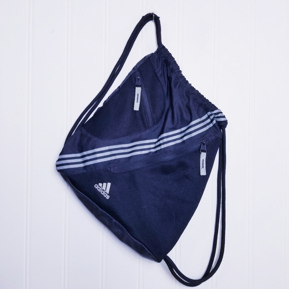 Adidas Black & Gray Drawstring Backpack Mens Womens Diagonal Stripe Bag